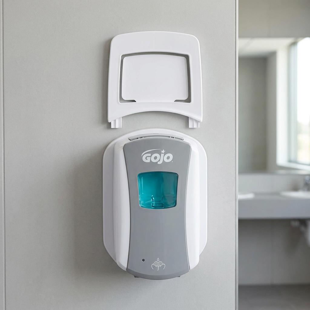 Hvid GOJO-skiltramme 1091-WHT over LTX-7-dispenser i lyst vaskerum