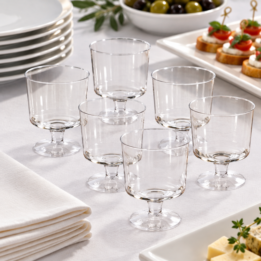 Tomme klare vinglas på fast fod ved buffet med servietter og tallerkener, stemningsillustration