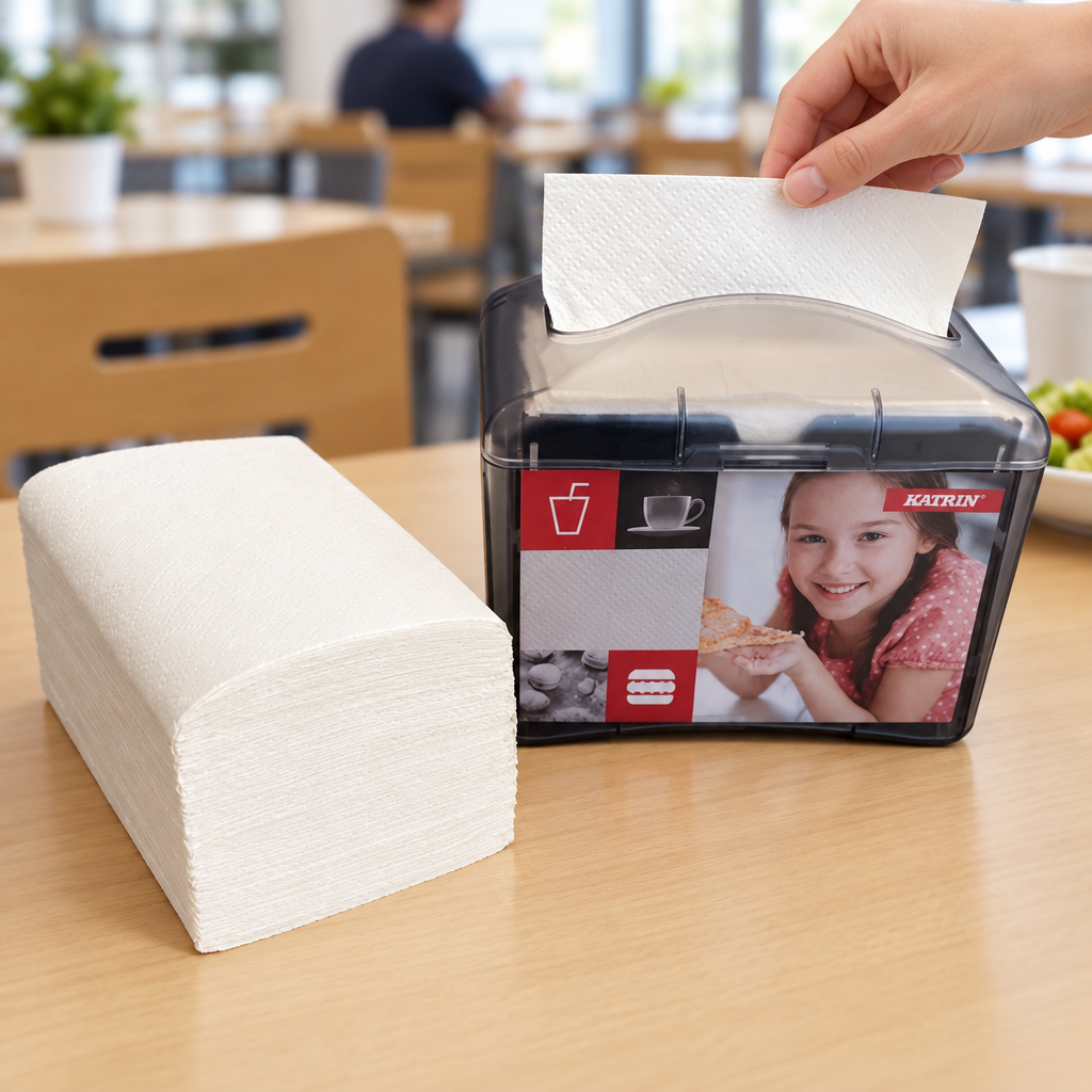 Hvid serviet tages fra gammel Katrin Easy1-dispenser ved kantinebord, refillstabel ved siden af