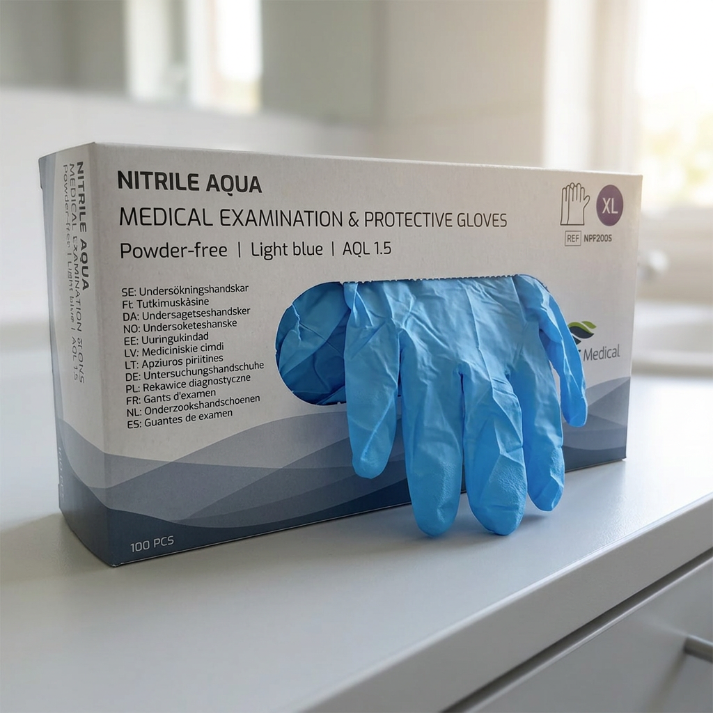 Nitrile Aqua XL på lyst bord i personalefaciliteter
