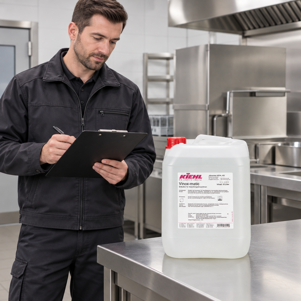 Tekniker med vedligeholdelsesnoter ved Vinox-matic 10 L, stemningsbillede