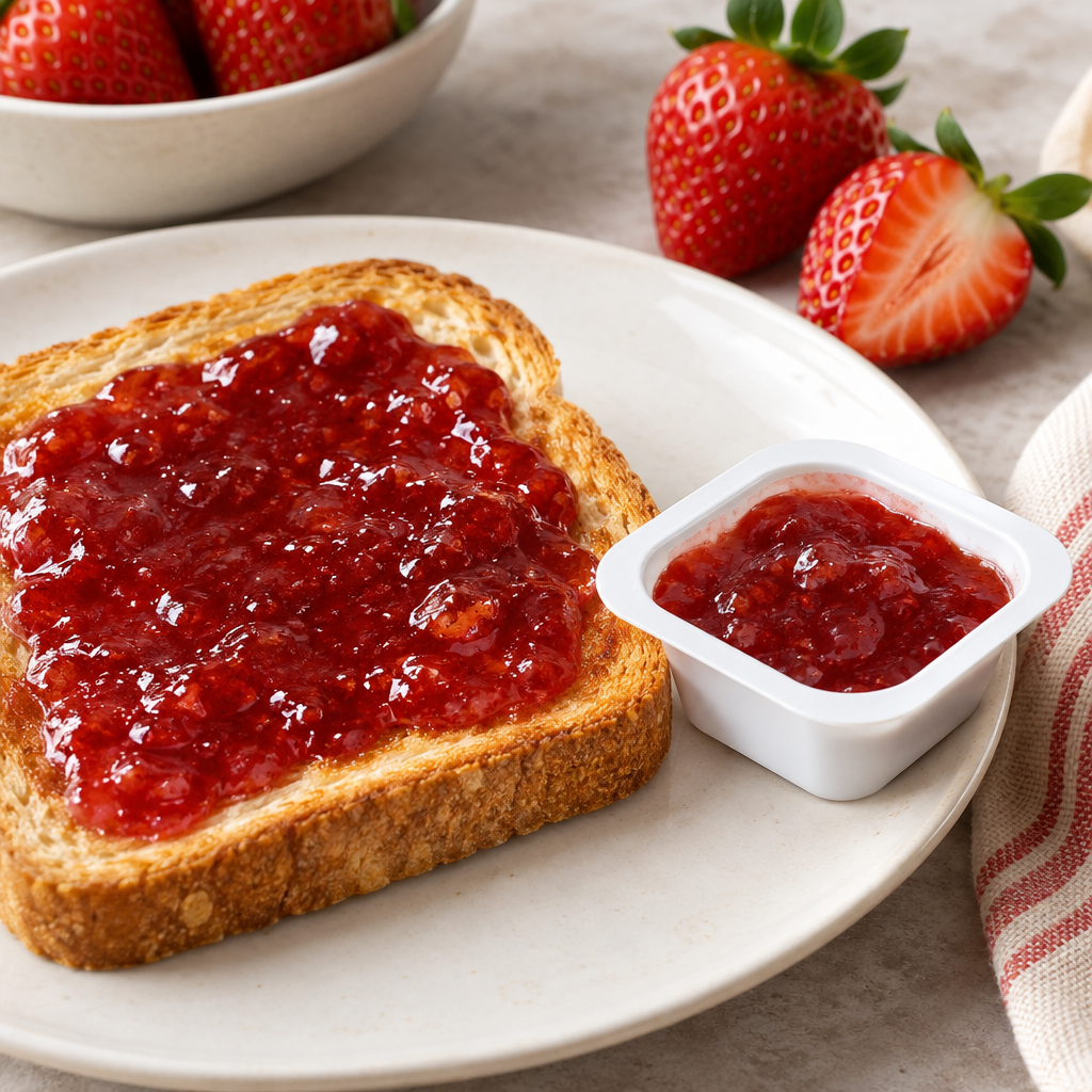 Stemningsbillede af jordbærmarmelade smurt på brød