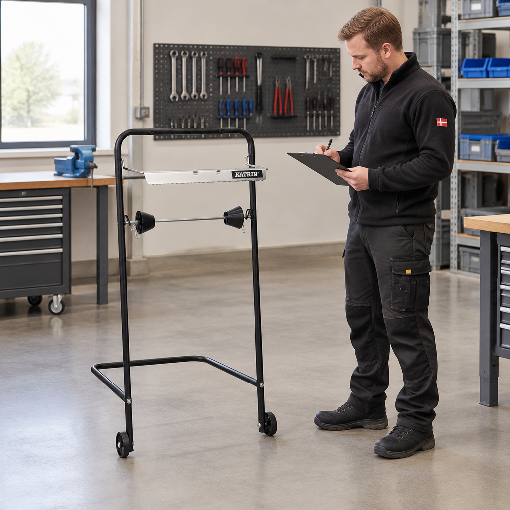 Medarbejder planlægger placering af Katrin 54909-stativ ved arbejdsstation