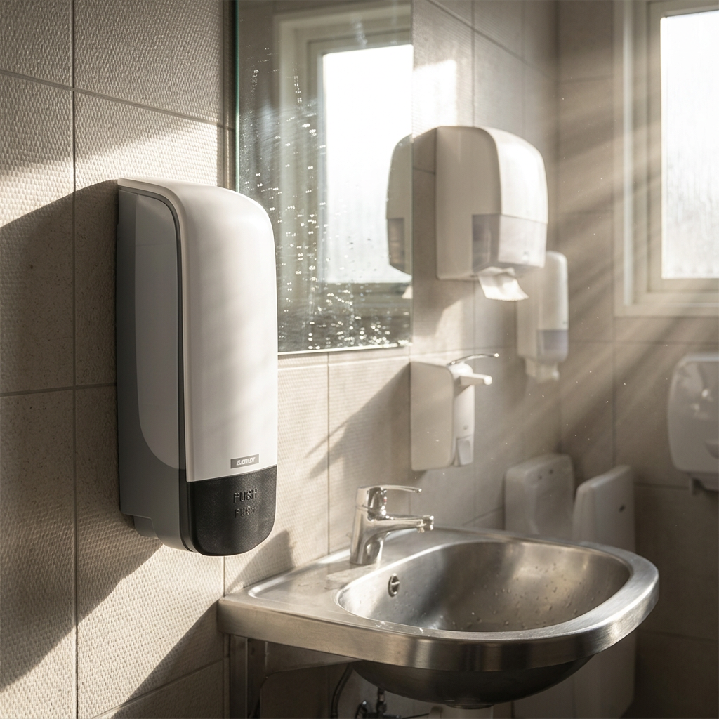 Hvid Katrin sæbedispenser ved håndvask i sollyst personaletoilet
