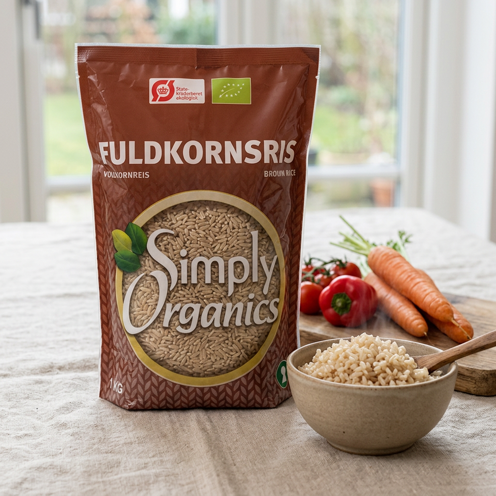 Simply Organics fuldkornsris med kogte ris og grøntsager