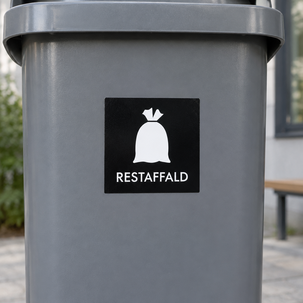 Nærbillede af sort restaffaldsmærke med hvidt pose-symbol