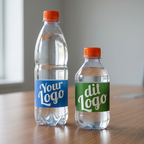 Logovandsflasker med blå og grøn etiket samt orange låg på et mødebord