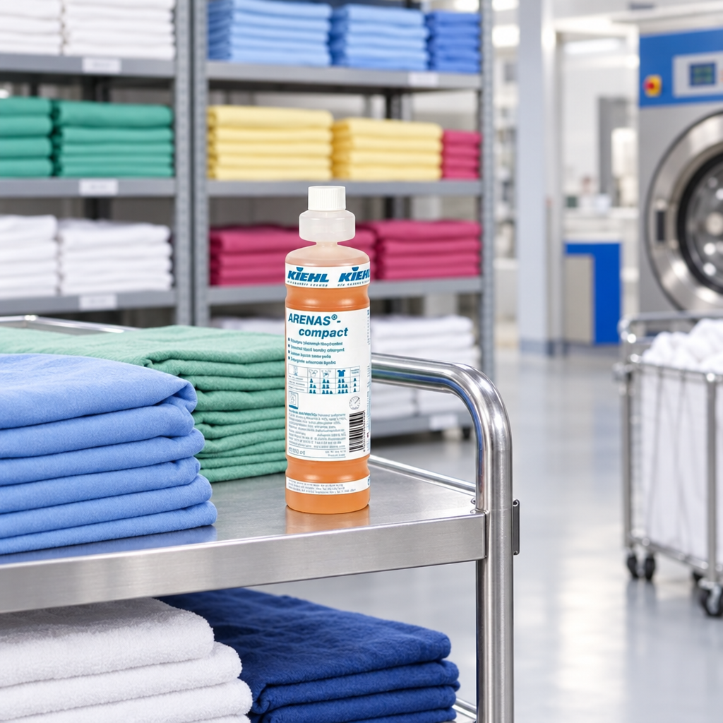 Kiehl Arenas Compact 1 L på vaskerivogn med kulørte tekstiler