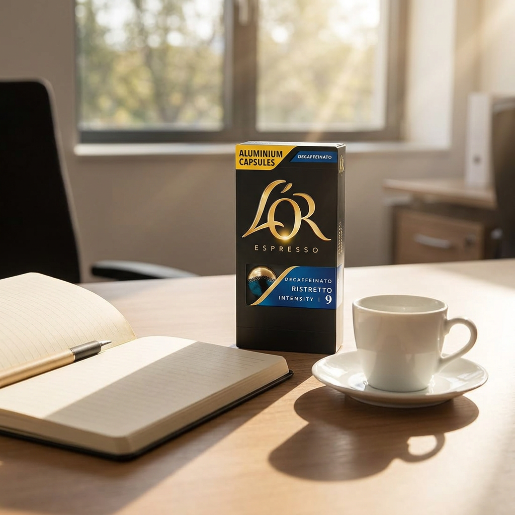 L’OR Ristretto Decaf 9 ved kaffekop og notesbog
