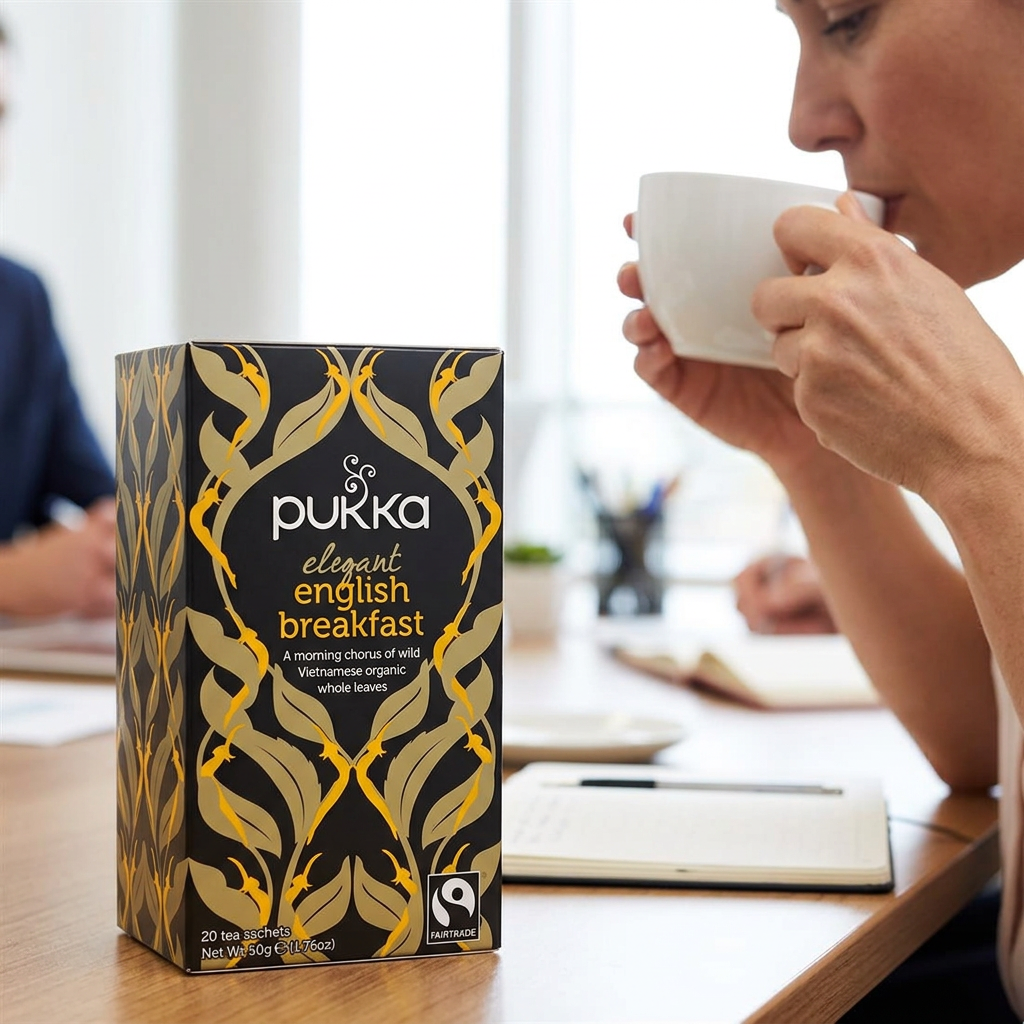 Pukka English Breakfast nydes fra en kop ved mødebordet