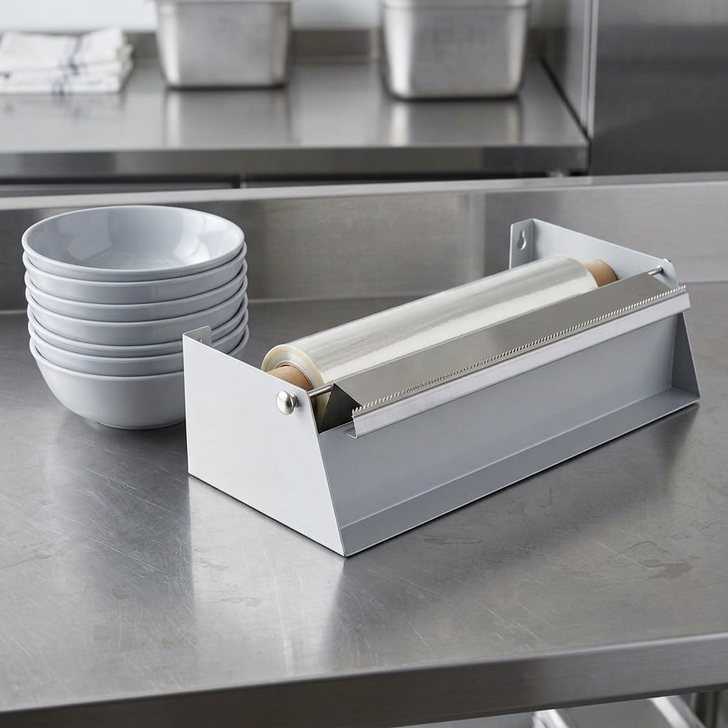 Metaldispenser på restaurantens klargøringsbord med skåle, stemningsbillede