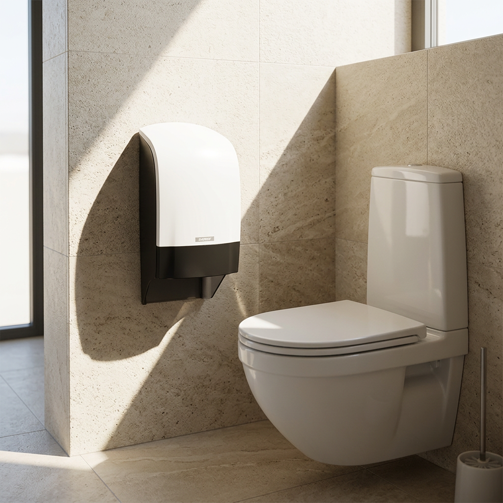 Hvid Katrin-toiletrulledispenser ved toilet på lys stenvæg