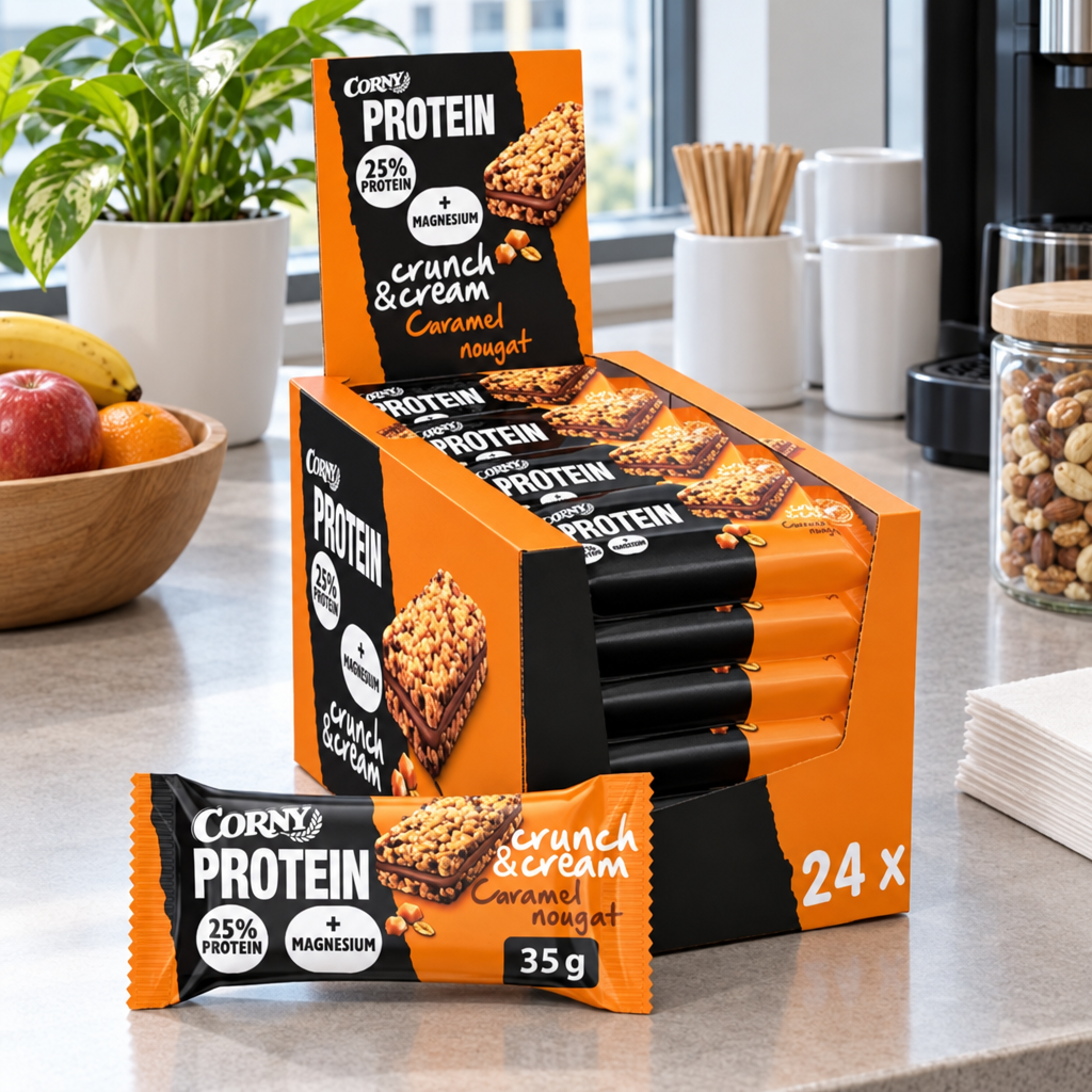 Stemningsillustration af Corny Protein Caramel Nougat displayæske ved kontorets snackstation