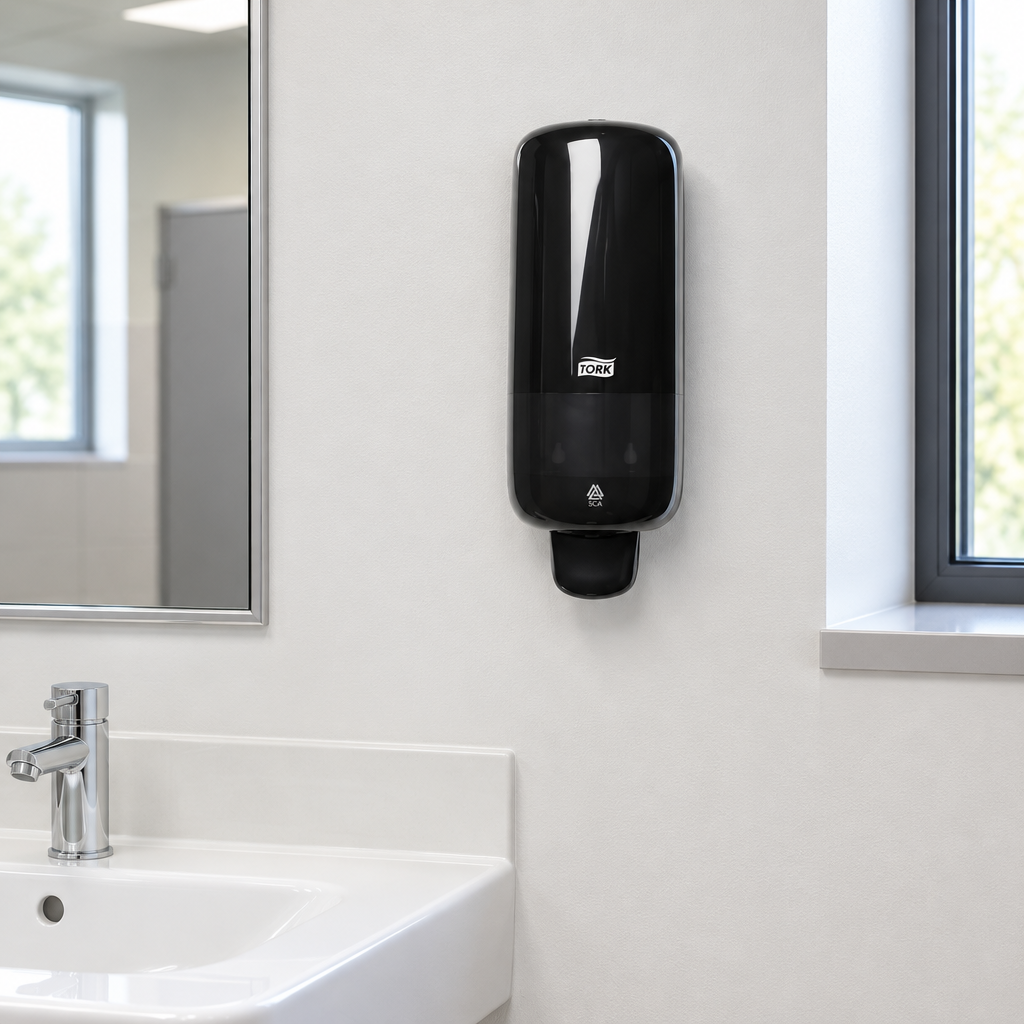 Sort manuel Tork S4-sæbedispenser på skolens personaletoilet
