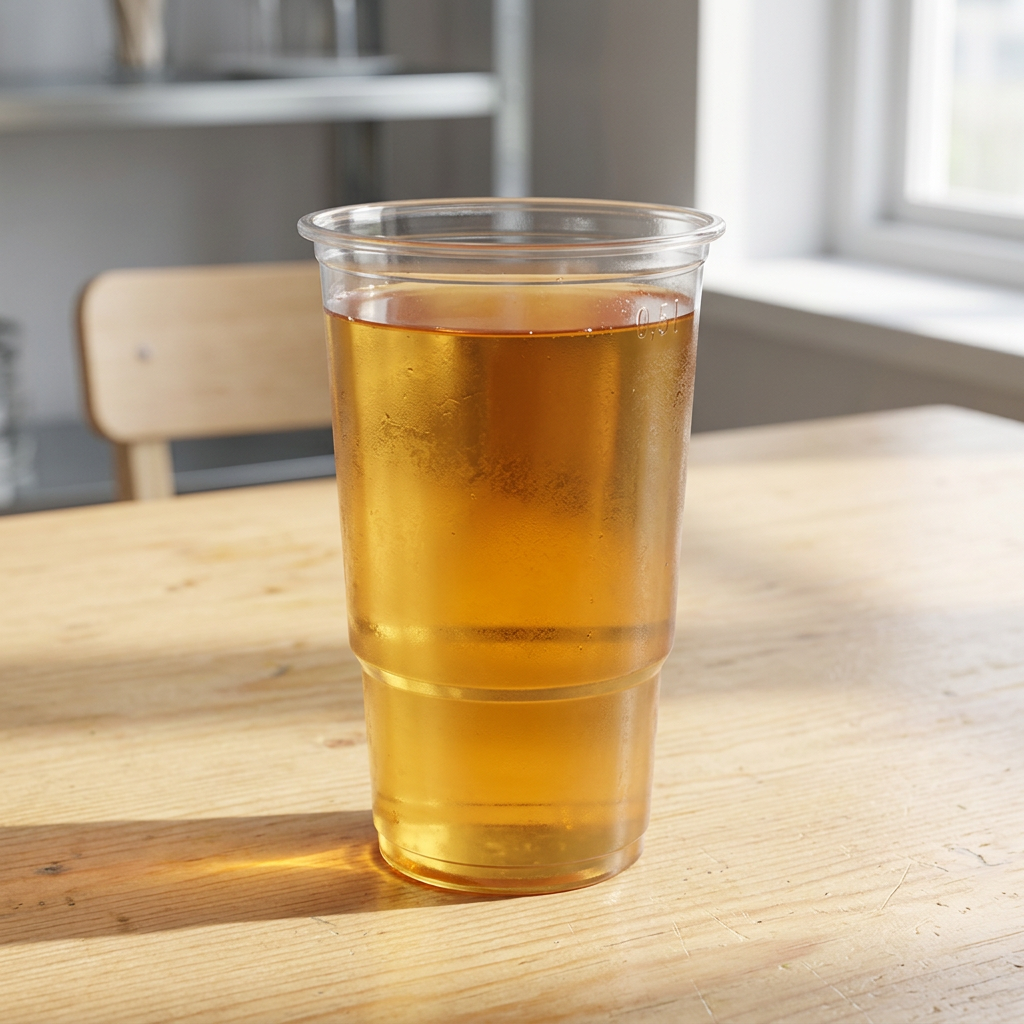 Juice i et klart plastglas på et bord i en lys kantine