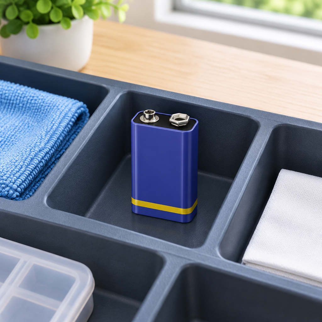 Stemningsillustration af et 9 V-blokbatteri i en separat vedligeholdelsesbakke