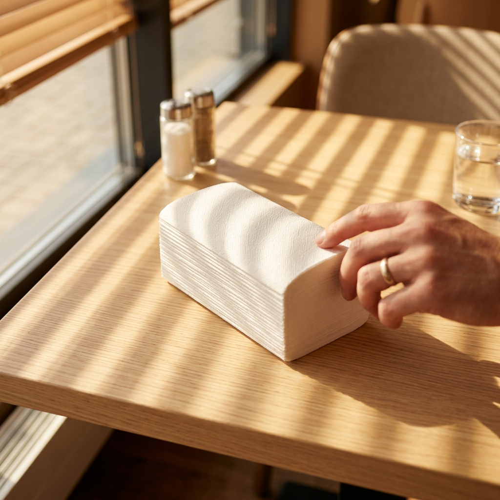 Hånd ved hvide foldede servietter på solbeskinnet restaurantbord