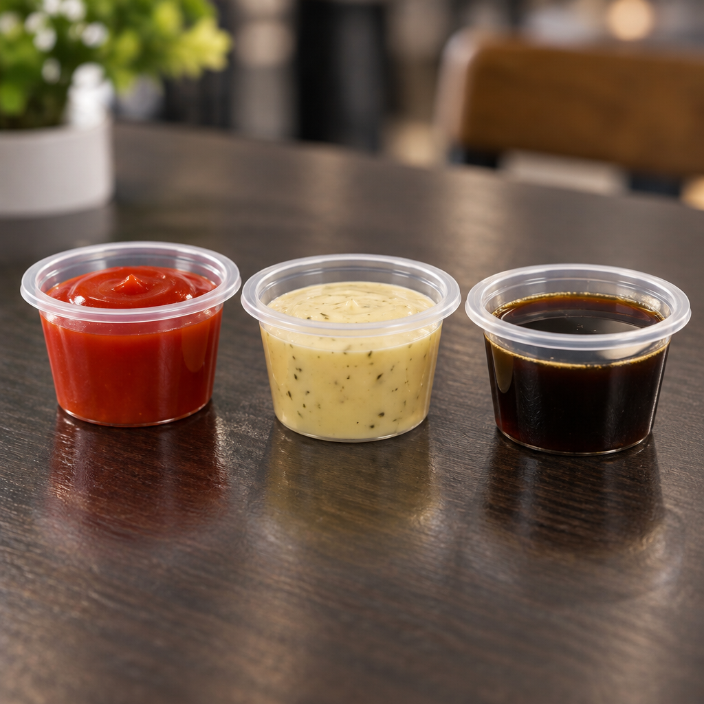 Tre åbne klare dipbægre med ketchup, dressing og mørk sauce