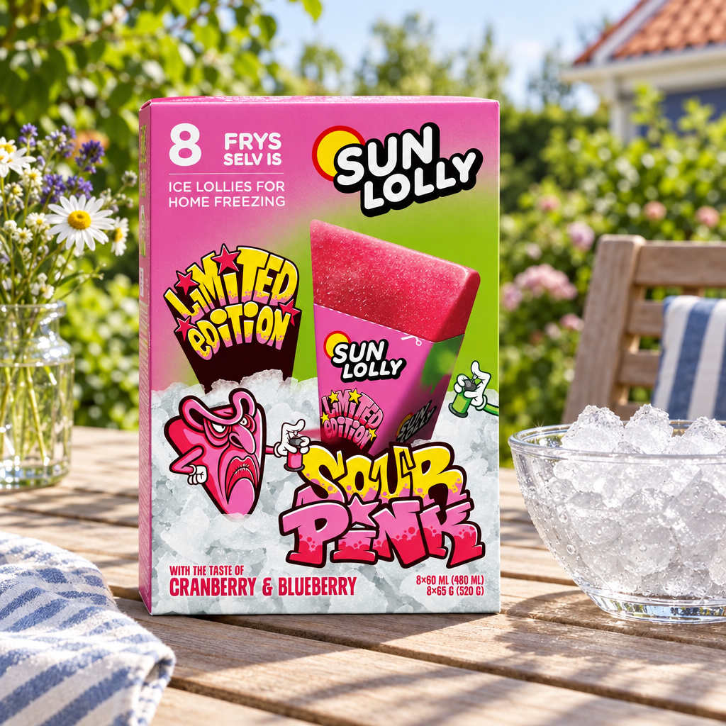Stemningsillustration af Sun Lolly Sour Pink-æske på sommerbord, baseret på produktfoto