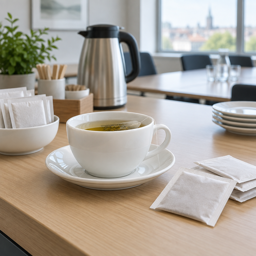 Stemningsillustration af urtete ved mødelokalets serveringsplads