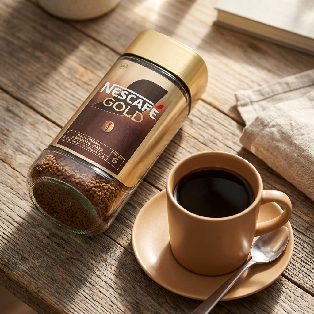 Nescafé Gold 200 g liggende ved kop sort kaffe og teske, set ovenfra; service er ikke inkluderet