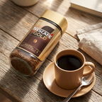 Nescafé Gold 200 g liggende ved kop sort kaffe og teske, set ovenfra; service er ikke inkluderet