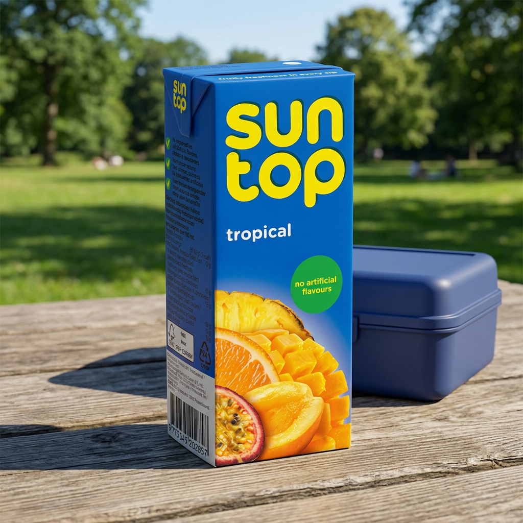 Suntop Tropical ved madkasse på picnicbord i sollys