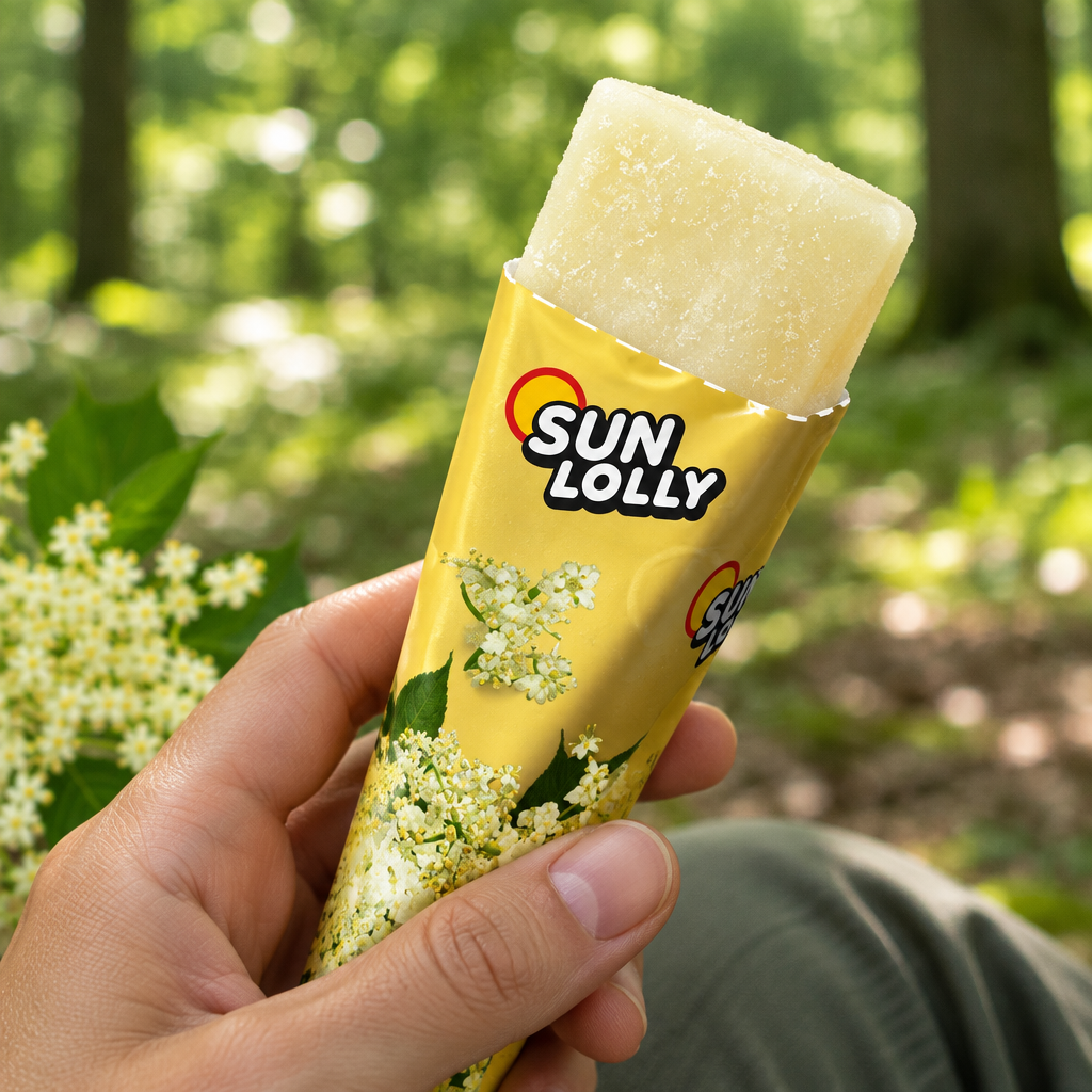 Åbnet Sun Lolly Hyldeblomst frys selv-is i voksenhånd ved skovpause