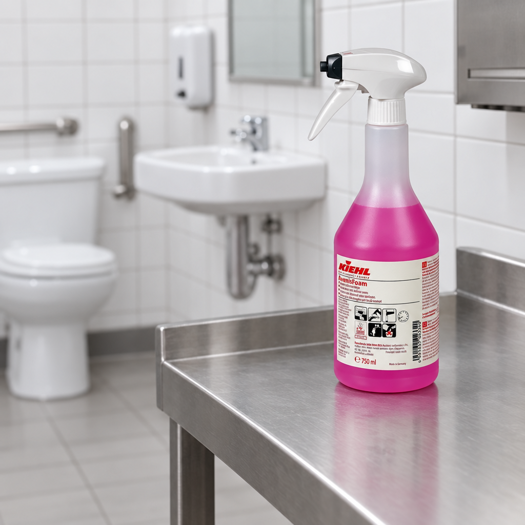 Kiehl AvenisFoam 750 ml på rustfrit arbejdsbord i sanitetsrum