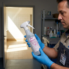 Voksen medarbejder ser på Kiehl Blutoxol flaskens mærkning