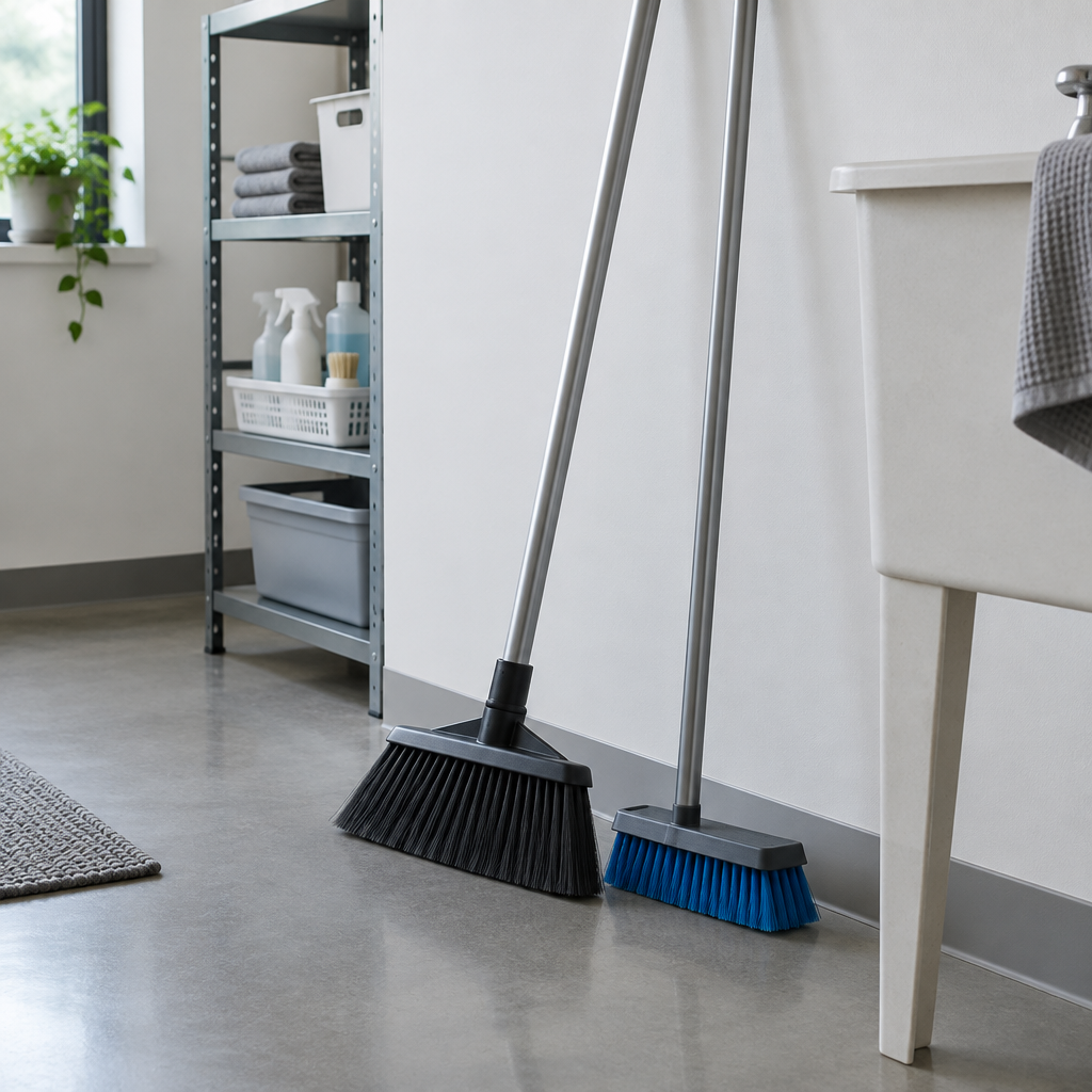 Stemningsbillede af generisk metalskaft ved kost og gulvskrubbe, ikke foto af konkret Minatol-skaft