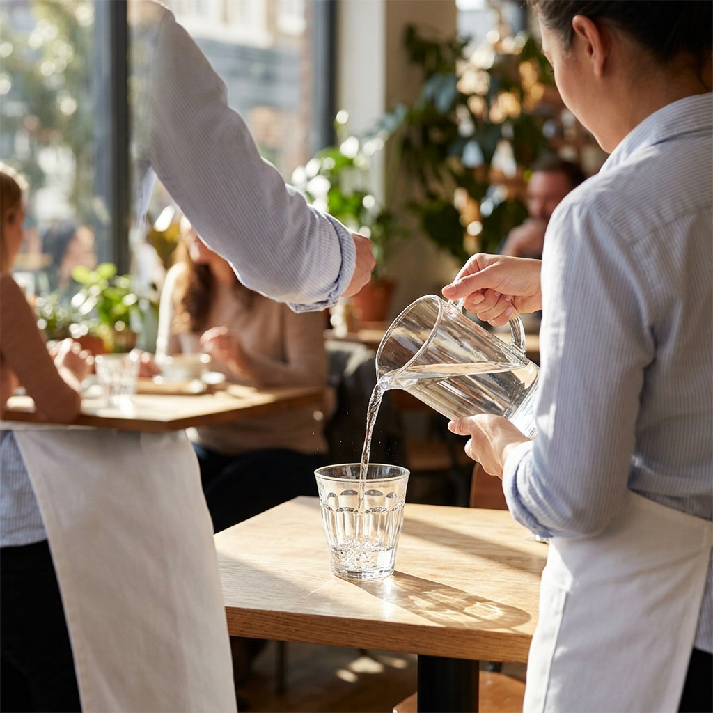 Servering af vand i caféglas ved solbeskinnet cafébord