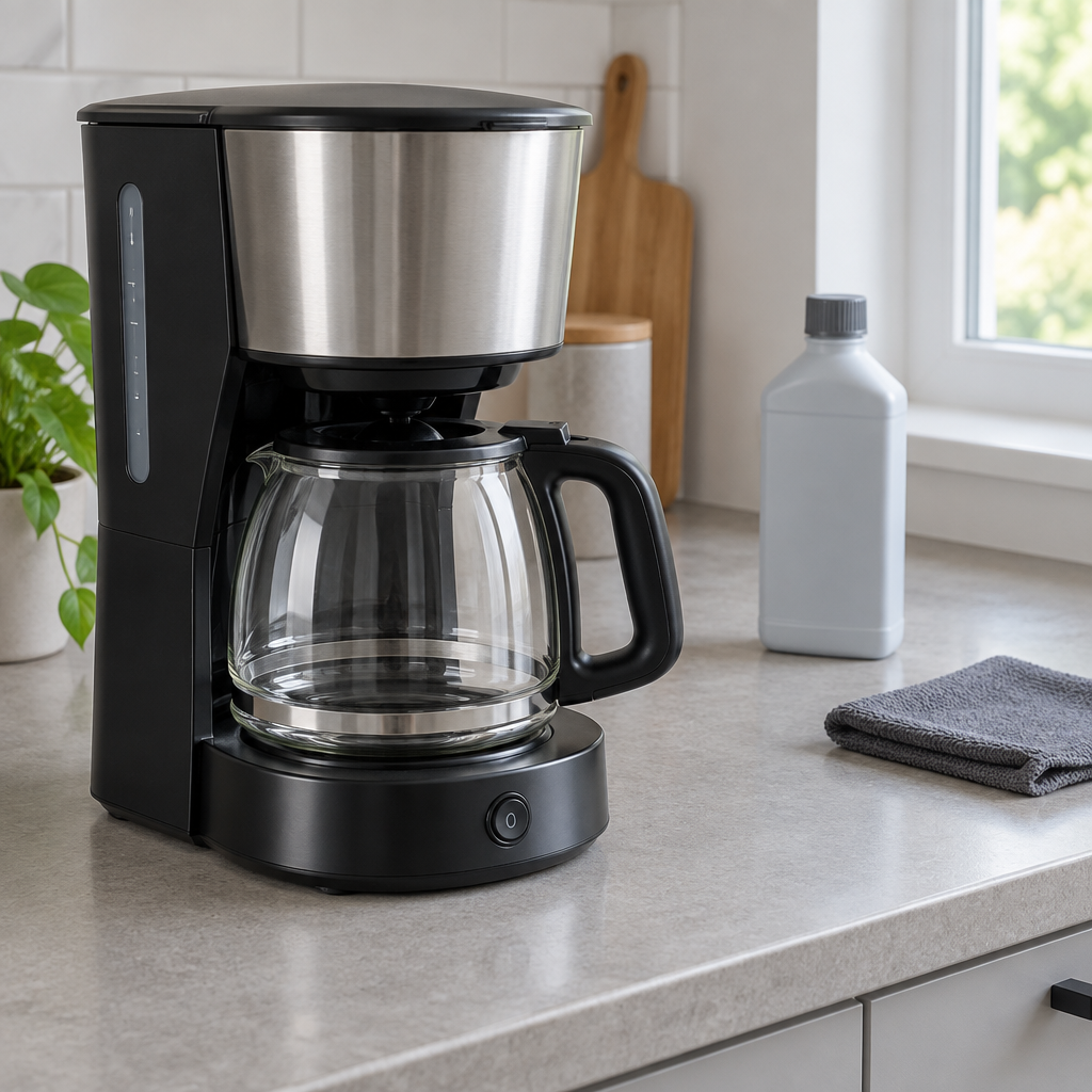Stemningsbillede af kaffemaskine og vedligeholdelsesudstyr, ikke foto af den konkrete afkalker