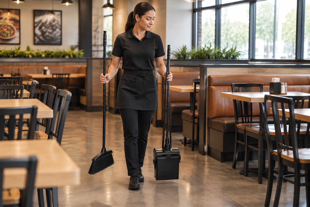 Illustreret miljøbillede af fejesæt 9439 med lukket beholder båret gennem restaurantens spiseområde