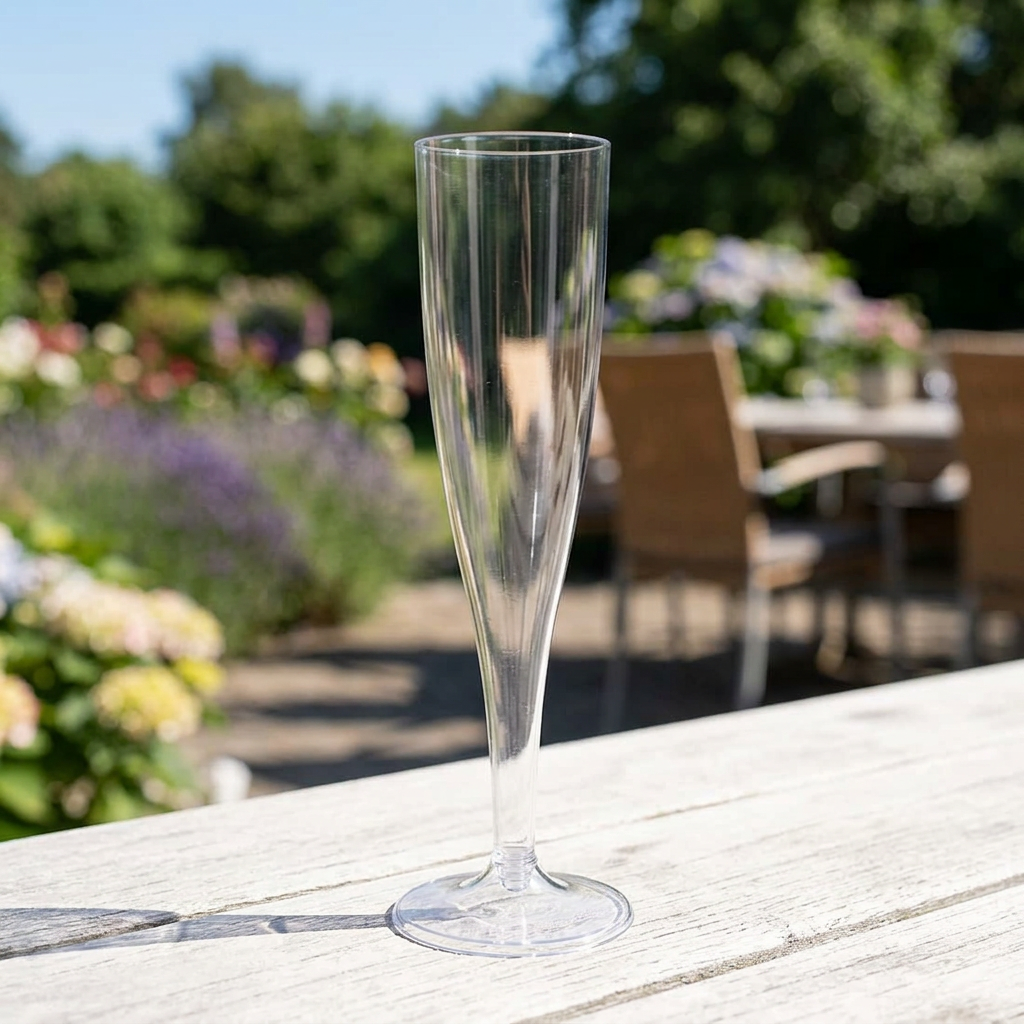 Klart champagneglas med fast fod på sollyst havebord