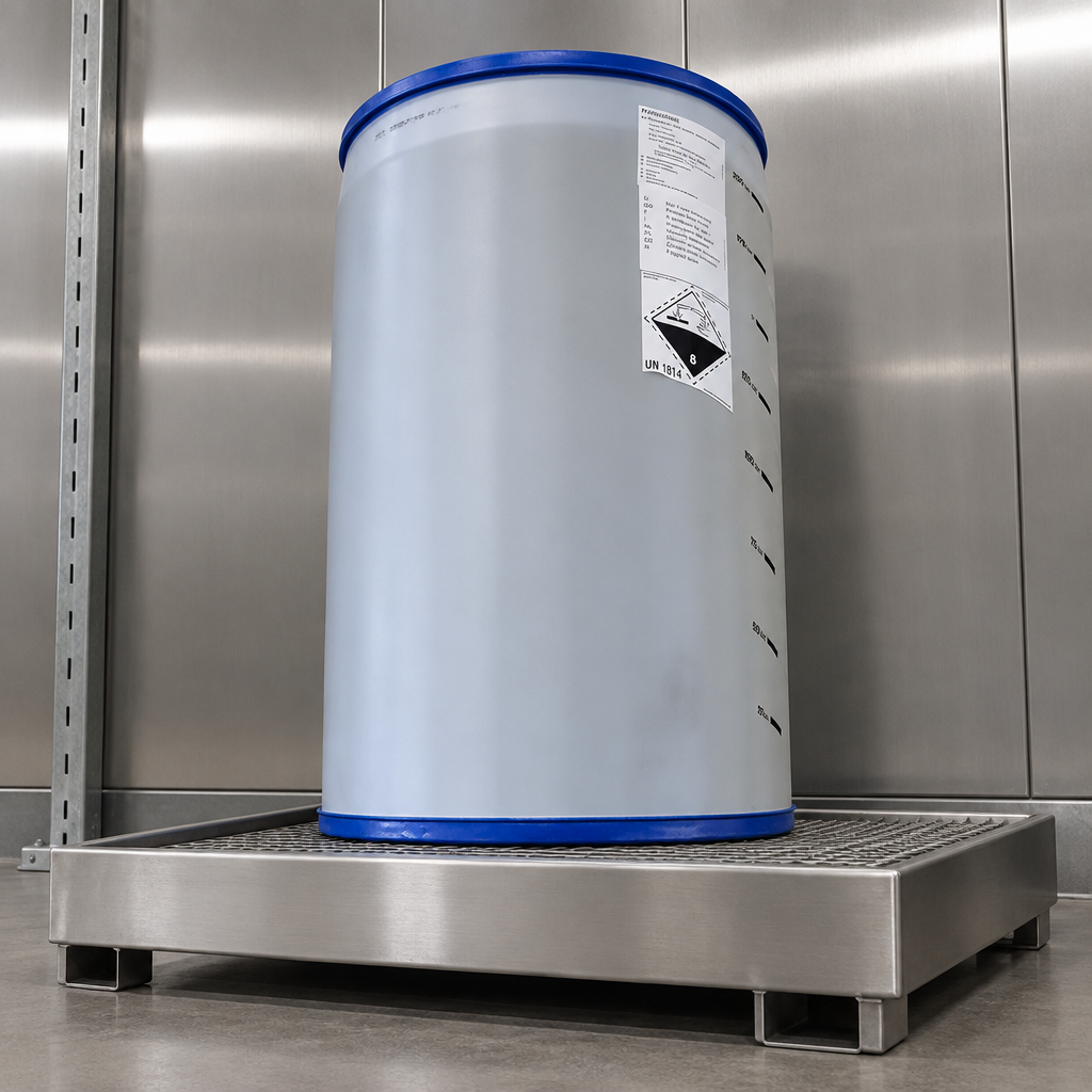 Arcandis-Eco 200 L tønde med blå kanter på opsamlingsplatform i kemidepot
