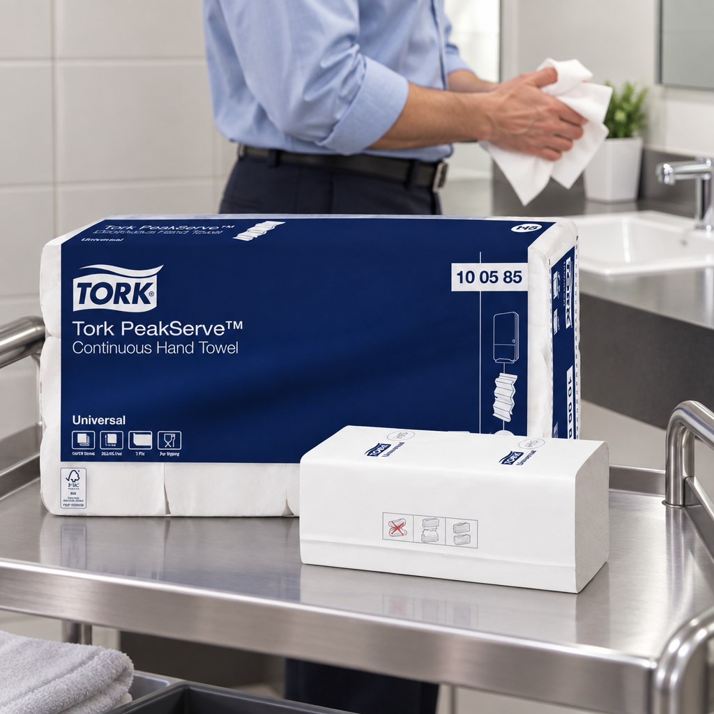Tork H5 PeakServe 100585 på servicevogn ved håndaftørring i vaskerum