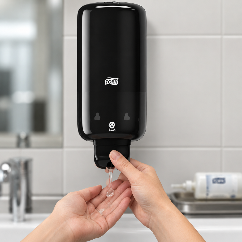 Sort Tork S1-dispenser i manuel brug med separat Tork S1 Sensitiv-sæberefill i baggrunden