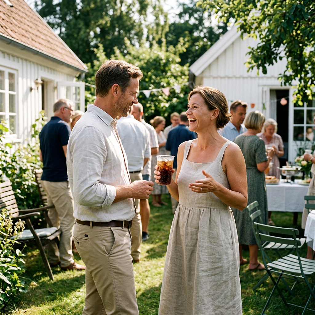 Voksne gæster med et klart plastglas sodavand ved en havereception