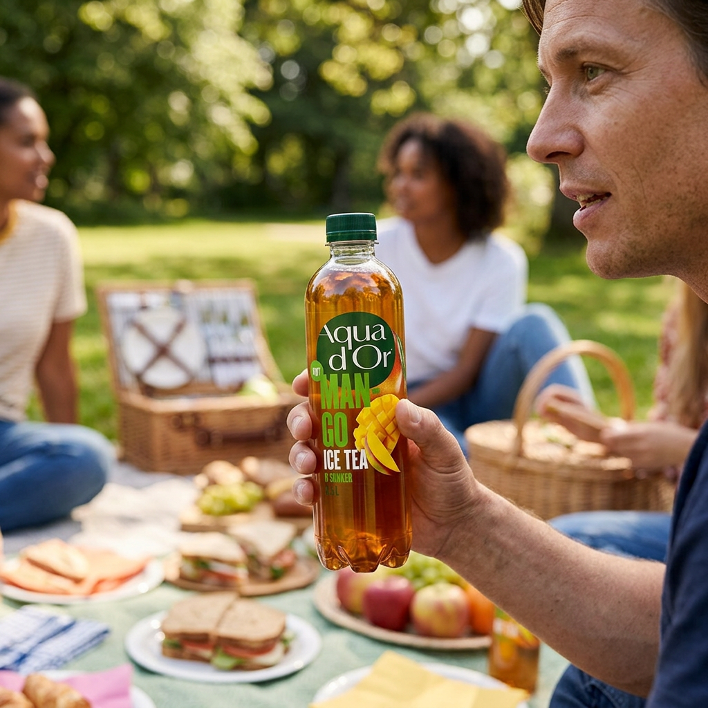 Voksen holder Aqua d’Or Mango iste ved udendørs picnic