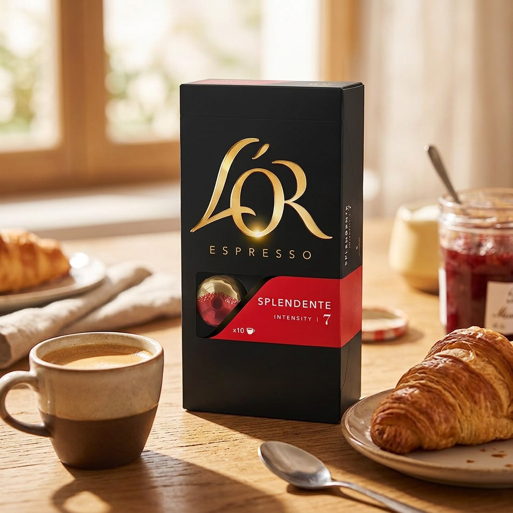 L’OR Espresso Splendente 7 ved morgenbord med kaffe og croissanter