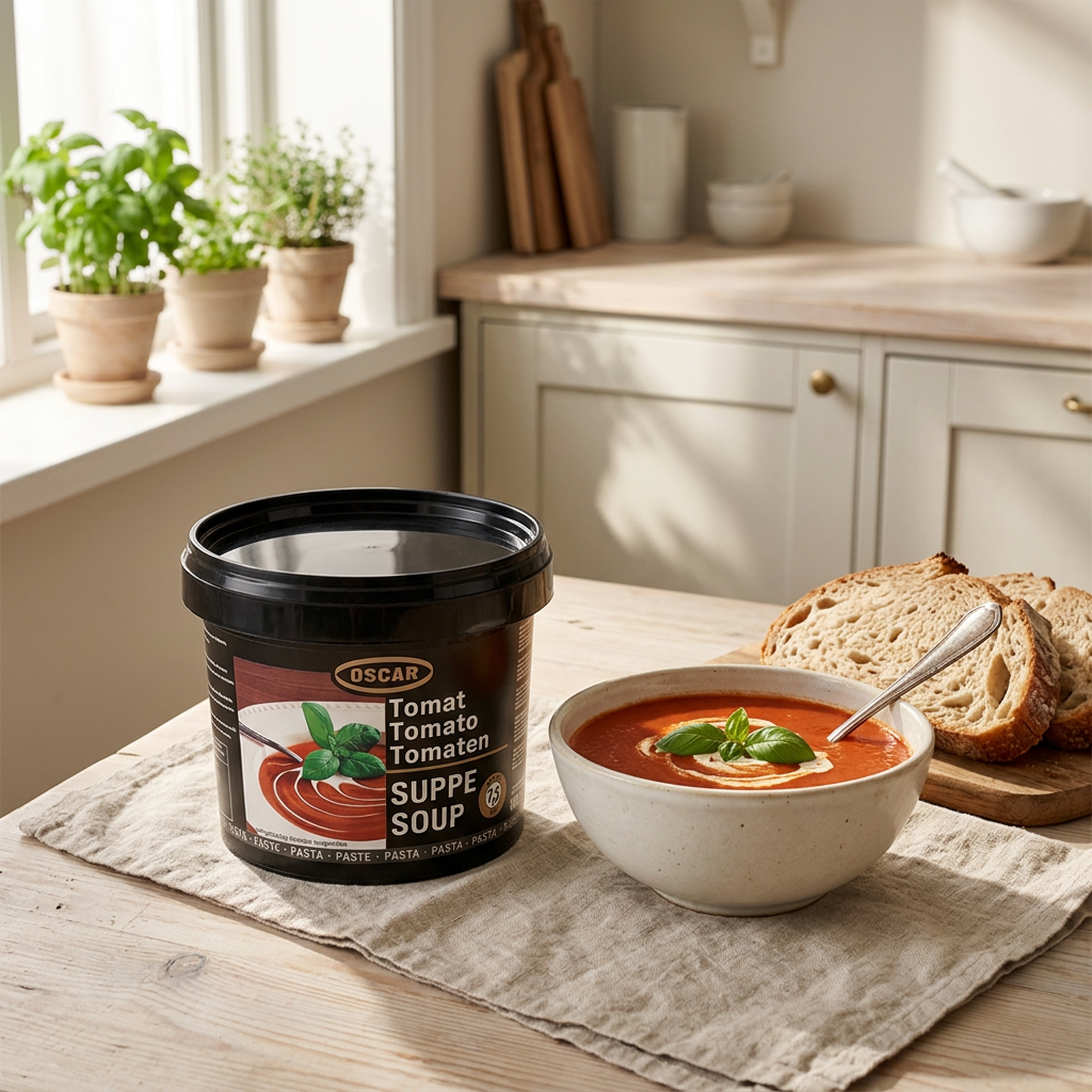 OSCAR tomatsuppepasta ved en skål tomatsuppe med brød