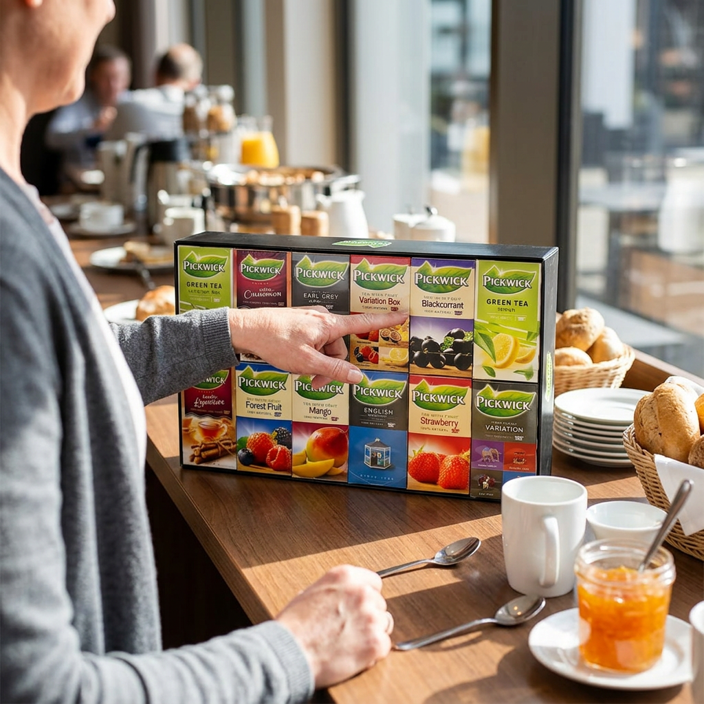 Voksen gæst vælger te fra Pickwick Top 12 display ved morgenbuffet; service medfølger ikke