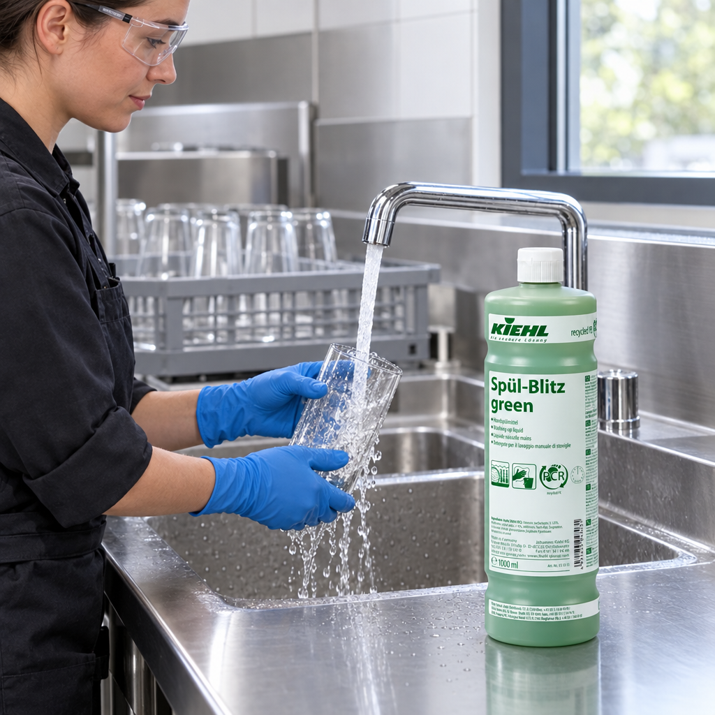 Spül-Blitz Green 1 L ved skylning af glas med rent vand
