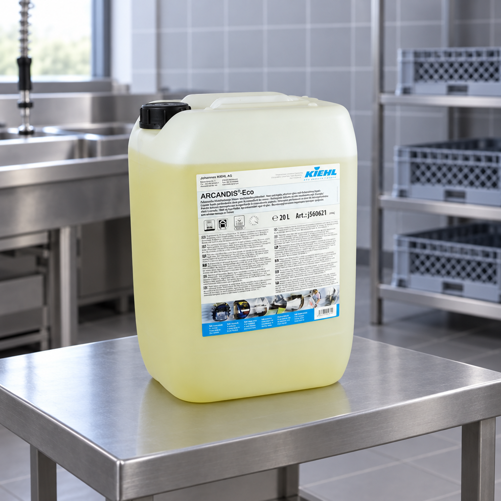 Kiehl Arcandis-Eco 20 L på rustfrit bord med tomme opvaskekurve i baggrunden