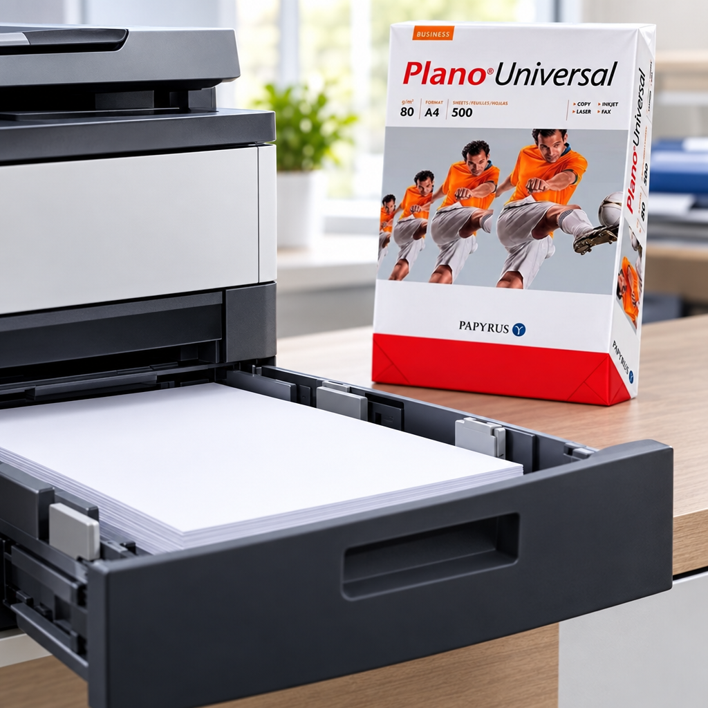 Hvide ark i åben printerbakke med Plano Universal-pakke i baggrunden, stemningsillustration
