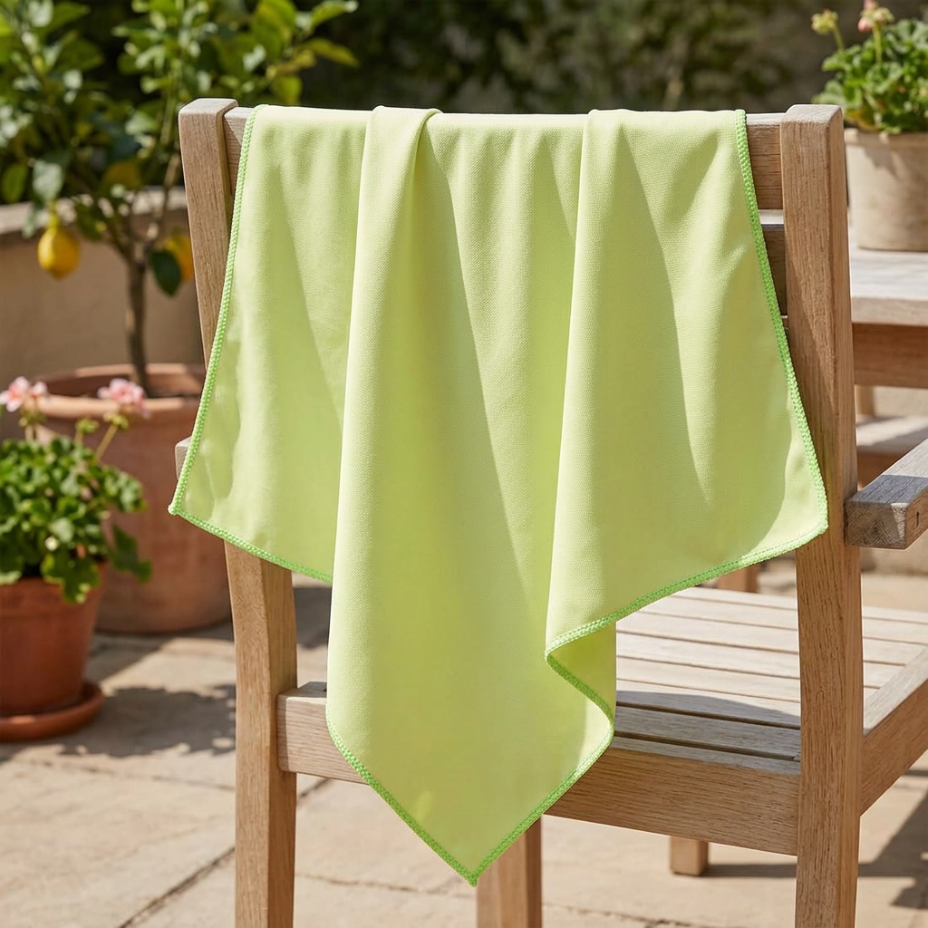 Grøn mikrofiber-glasklud over stoleryg på solrig terrasse