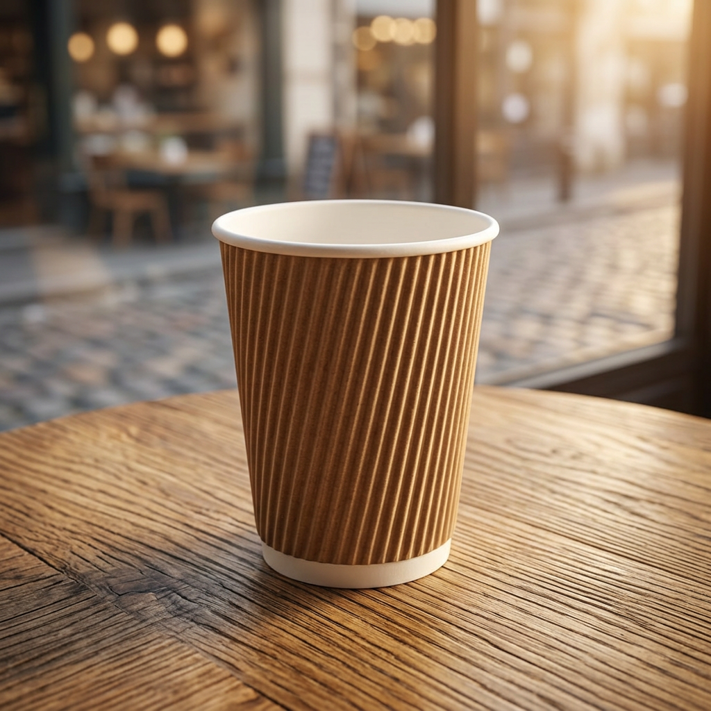 Brunt Ripple-Wrap kaffebæger 36 cl på cafébord ved vindue
