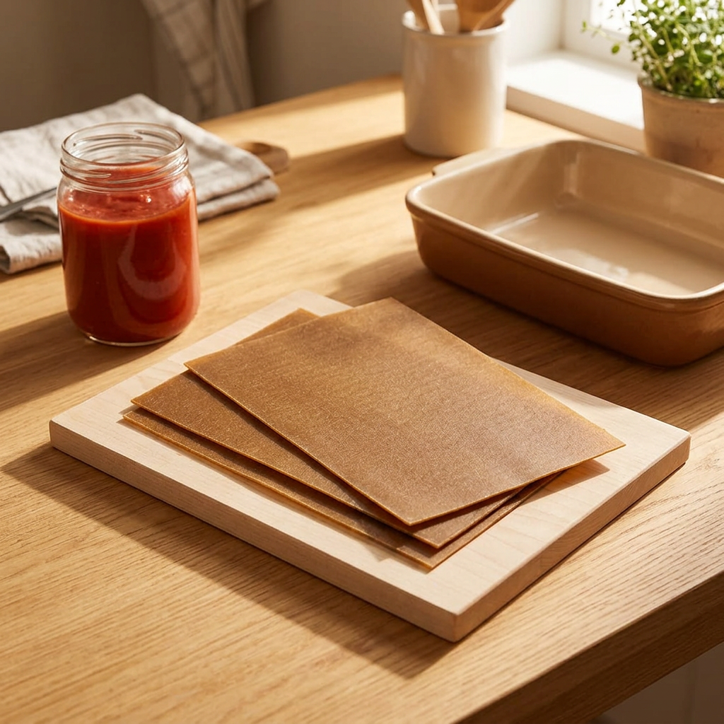 Fuldkornslasagneplader på skærebræt ved tomatsauce og ovnfad i sollyst køkken