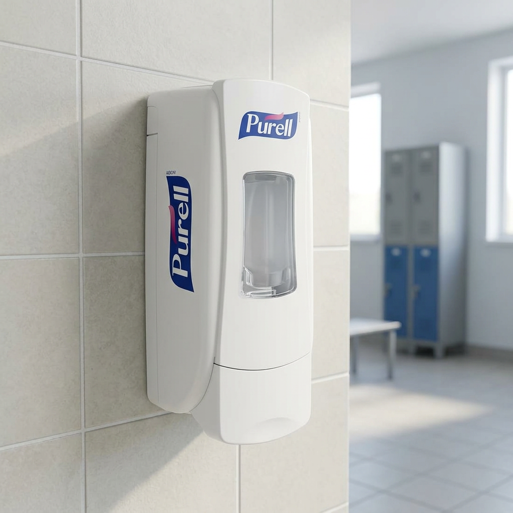 Hvid Purell ADX-7-dispenser på flisevæg i personaleområde